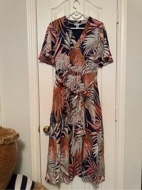 Tommy Bahama Navy Wrap Midi Dress with Coral & Cream Leaf Print